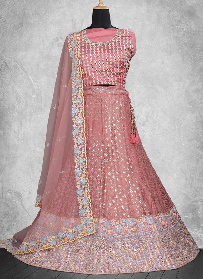 Net Peach Wedding Wear Mirror Work Lehenga Choli